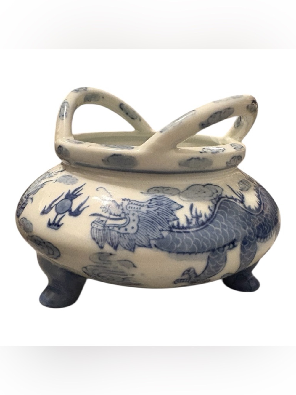 Chinoiserie Dragon & Flaming Pearl Blue and White Porcelain Vase Incense Censer